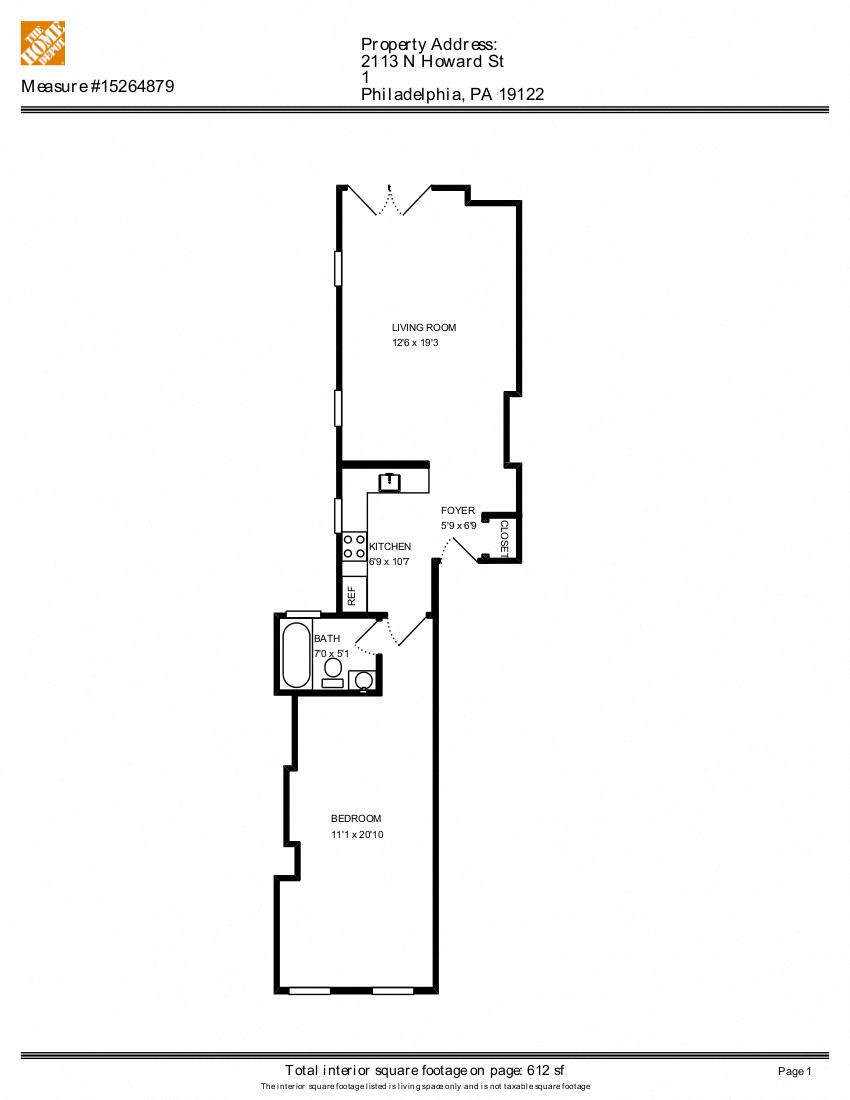 Floor plan for 1 bed, 1 bath